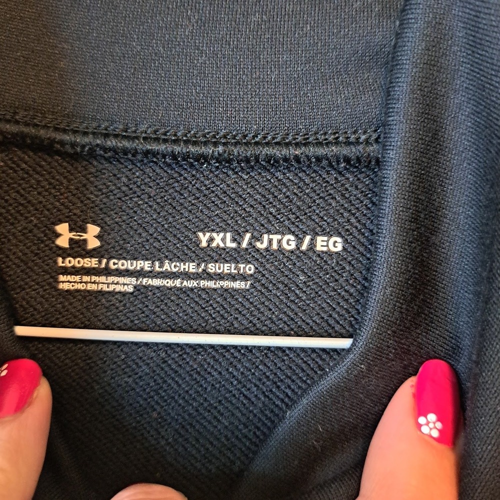 Under Armour Kids YXL Black Funnel Neck Fleece Pullover Hoodie Logo Sweatshirt - Picture 2 of 6